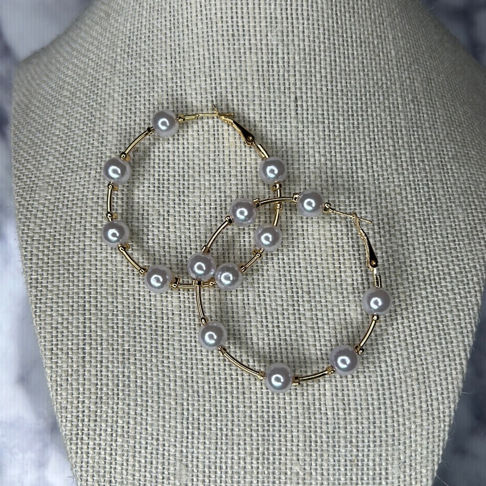 🆕 Gold Plated Pearl Hoop Earrings